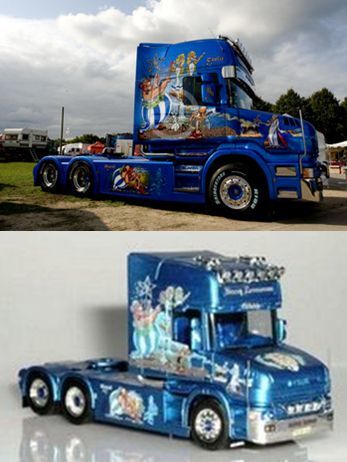 Scania im Rasmussen-Look und als Miniatur mit den Naßschiebebildern am Herpa-Modell.jpg